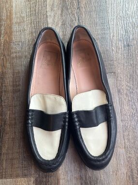 J. Crew Black and Cream Leather Penny Loafers